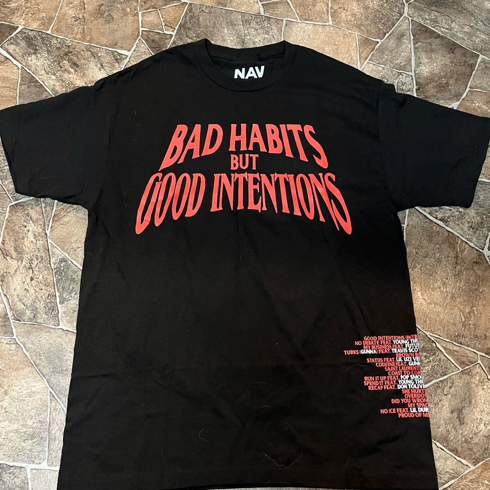 VLone x Nav Bad Habits Good Intentions Black Graphic T-Shirt for Men
